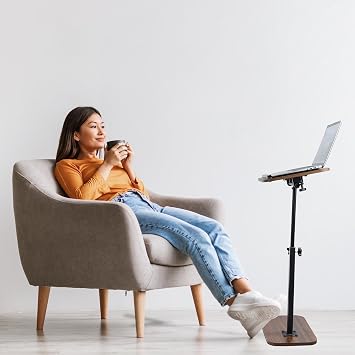 comfoyar C Shaped Side Table, 360° Swivel 180° Flip Height Adjustable End Table for Small Space, Laptop Stand Narrow TV Tray Table with Slat, Modern Small Coffee Snack Table for Sofa Bed Bathtub