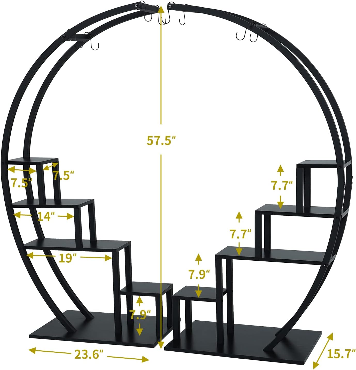 Fullwatt Plant Stand Indoor,5 Tier Half Moon Shape Ladder Flower Pot Stand Rack of 2,Metal Flower Shelf with 6 Hooks for Home Patio Lawn Garden Balcony Holder