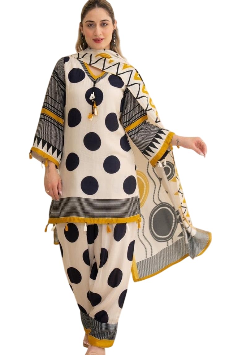 Women's Pure Cotton 60-60 Printed Short Anarkali Kurta, Pant, and Dupatta Set with Front Dori and Heavy Tassels (Polka Dot Black & Cream)-picture-18