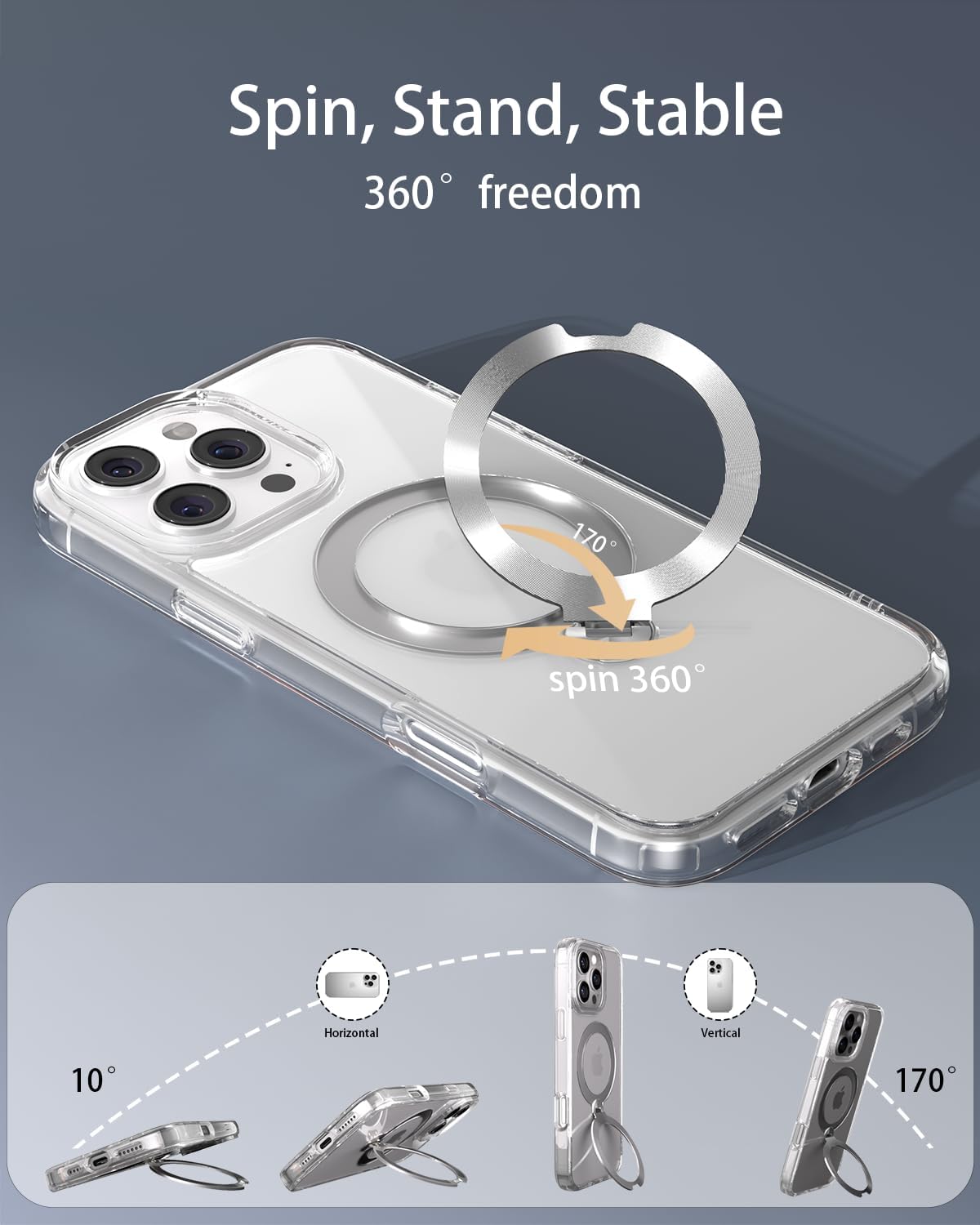 for iPhone 16 Pro Max Case Clear with 360°Spin Magnetic Stand,Compatible for MagSafe,Military Grade Shockproof Protective Cover with CD Texture Kickstand Rotatable, 6.9 " - Image 4