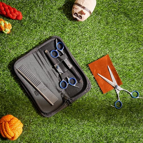 Image of Amazon Basics Dog & Cat Grooming Kit - 4-Piece Stainless Steel Set with Thinning Shear, Trimming Scissors, Curved Scissors & Grooming Comb - All-in-One Pet Grooming Set