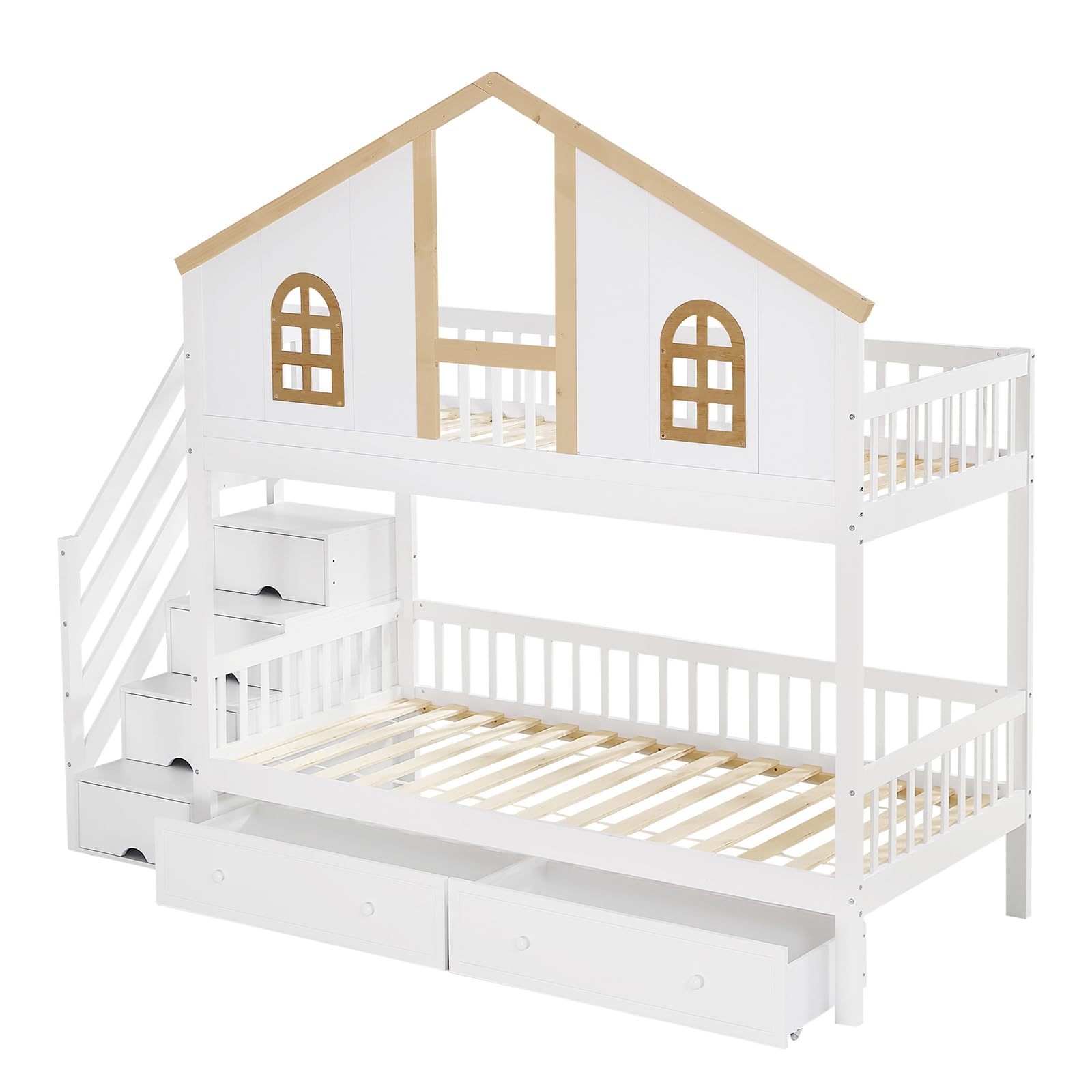 Letto a castello per bambini, 90 x 200 cm, con porta di sicurezza, finestra, due cassetti su ruote e scala con quattro ripostigli. Legno bianco e naturale. (Bianco)