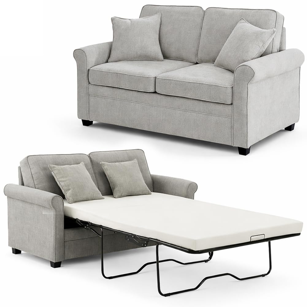 Shally Dogan Divano Letto 2 Posti con Rivestimento in Tessuto Grigio e Cuscino Memory Ergonomico Apertura Facile, Divanetto Apribile con Cuscini Imbottitura Alta Densità, 142.5 x 77 x 86 cm (Grigio)