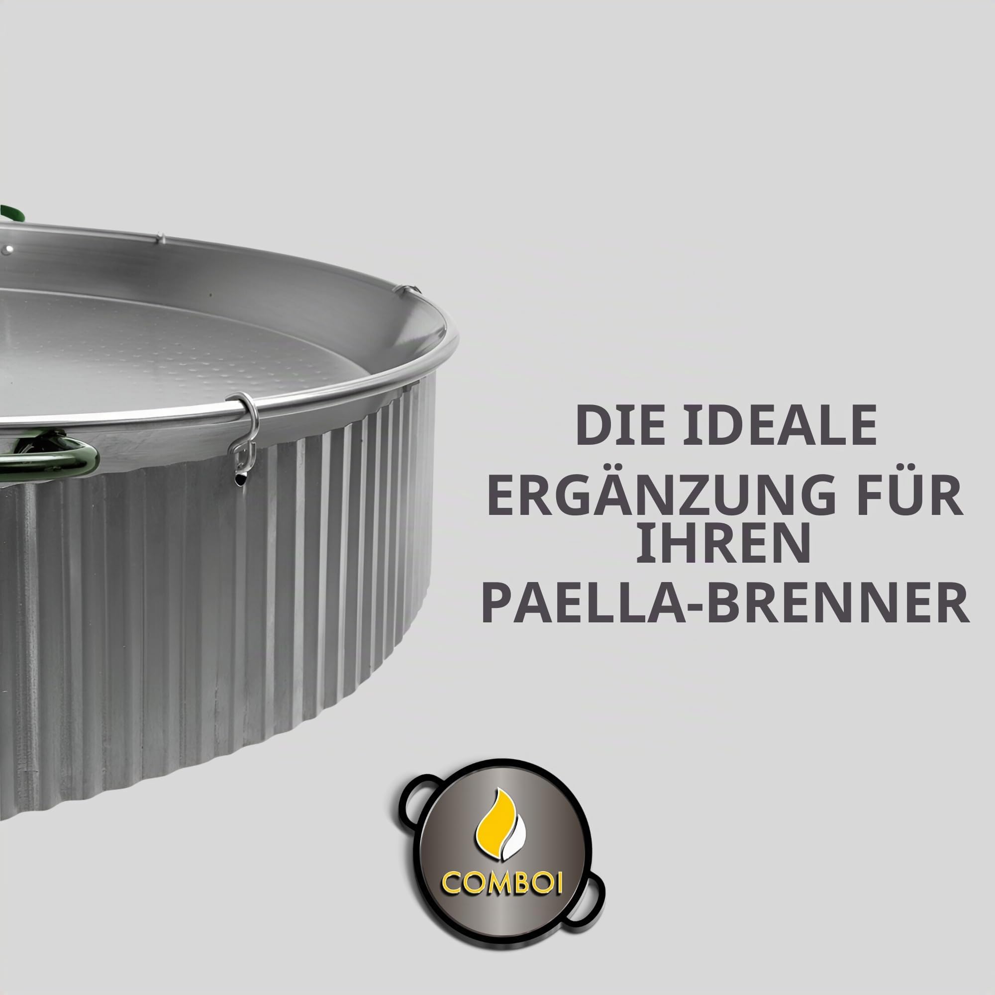 COMBOI Paella Brenner Set Butangas, 60 cm, Paella Pfanne 70 cm, Gasregler, Schlauch, Stativbeine, Windschutz, Wasserwaage, Schürze, digitales Rezeptbuch (KIT Paella-Pfanne 60 cm + Wind)