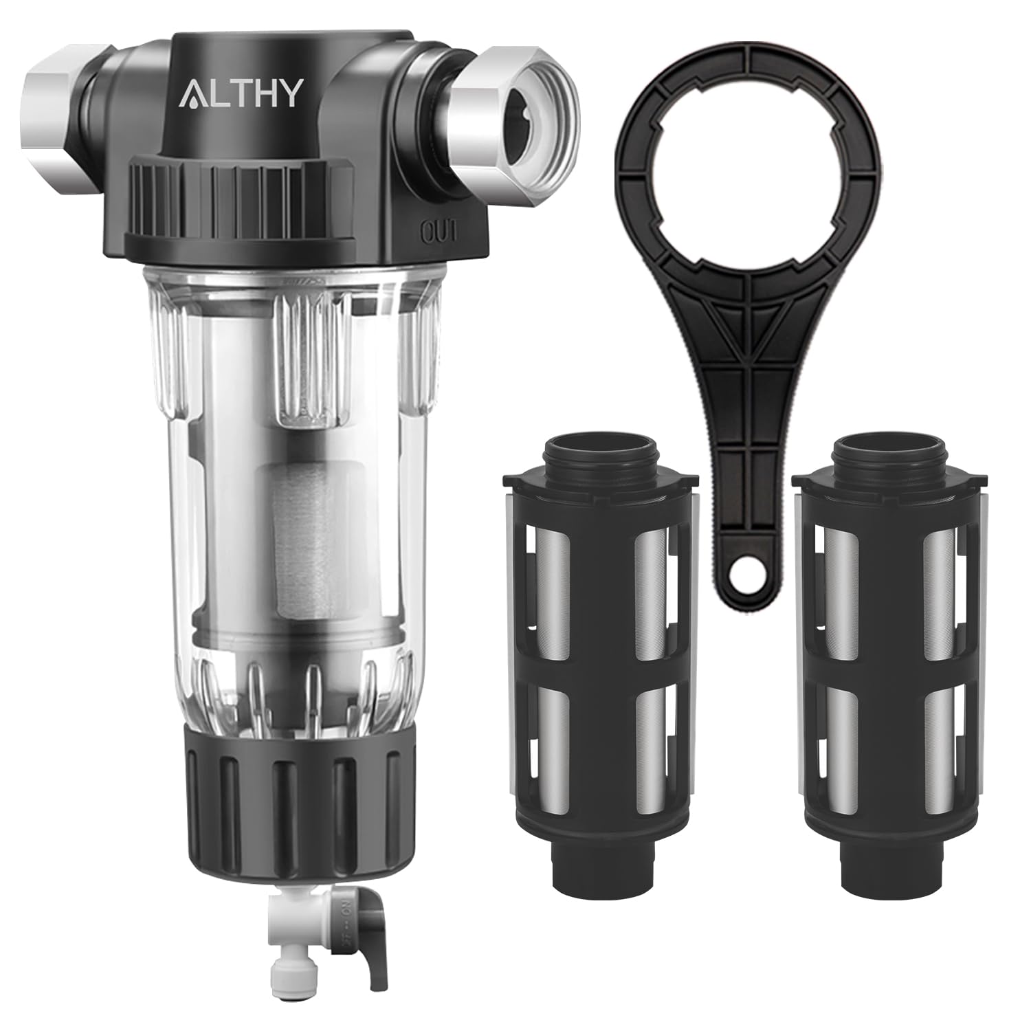 ALTHY Filtro per Sedimenti a Pulizia Rapida, Filtro per Sedimenti Riutilizzabile per Tutta la Casa, Sistema di Prefiltrazione Lavabile per Acqua di Rete/Pozzo, G1/2" + 3/4" (3 filtri inclusi)