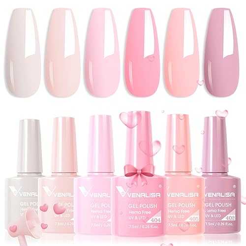 VENALISA - Juego de esmaltes de uñas de gel rosa sin hema, 6 colores populares nude rosa, kit de esmalte de gel rosa claro, lámpara de uñas LED, kit
