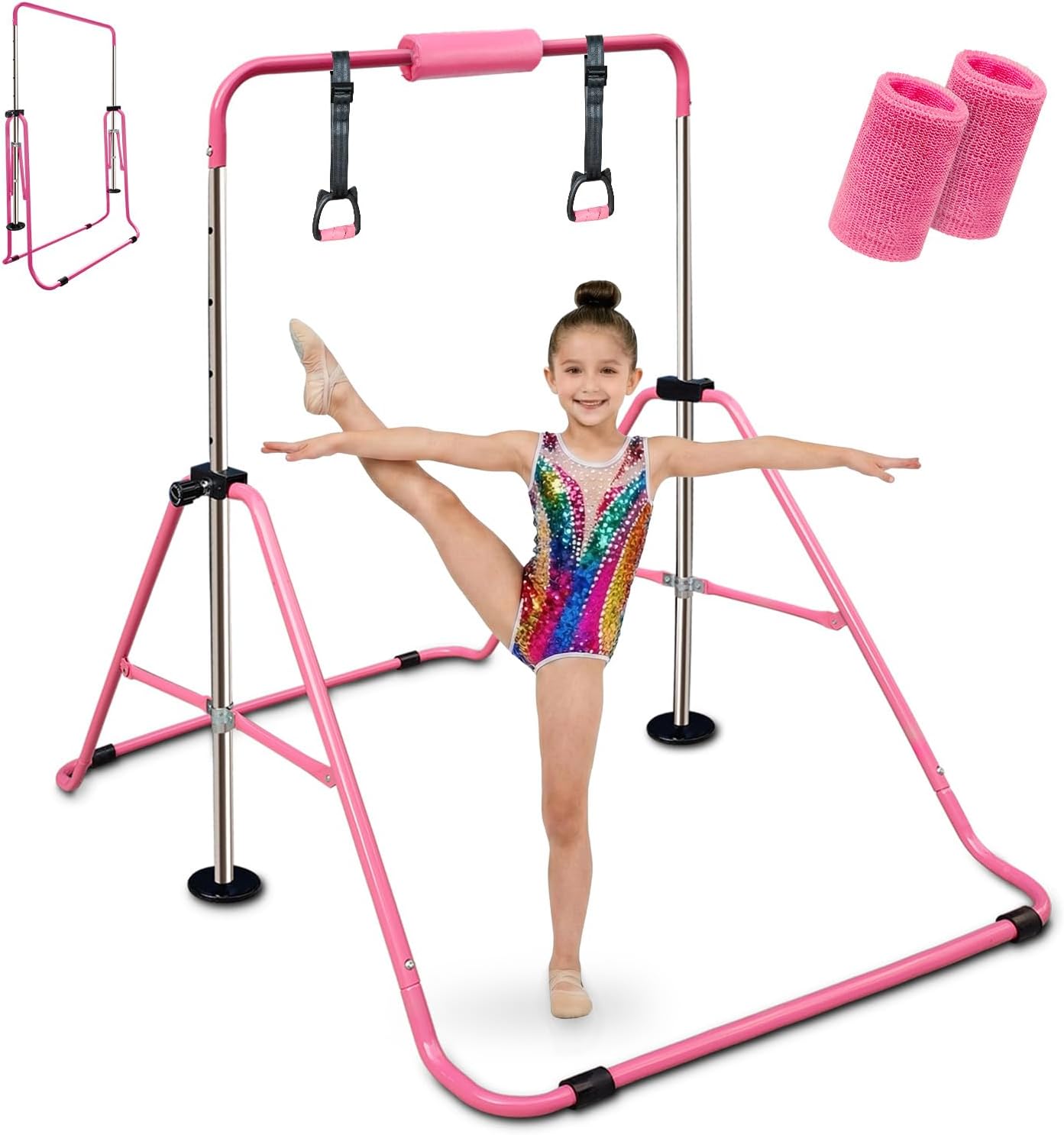 Triclicks Folding Gymnastics Bar for Kids, Adjustable Height Junior Training Kip Bar, Home Expandable Horizontal Gymnastic Monkey Bars Equipment for Child, Girls, Boys