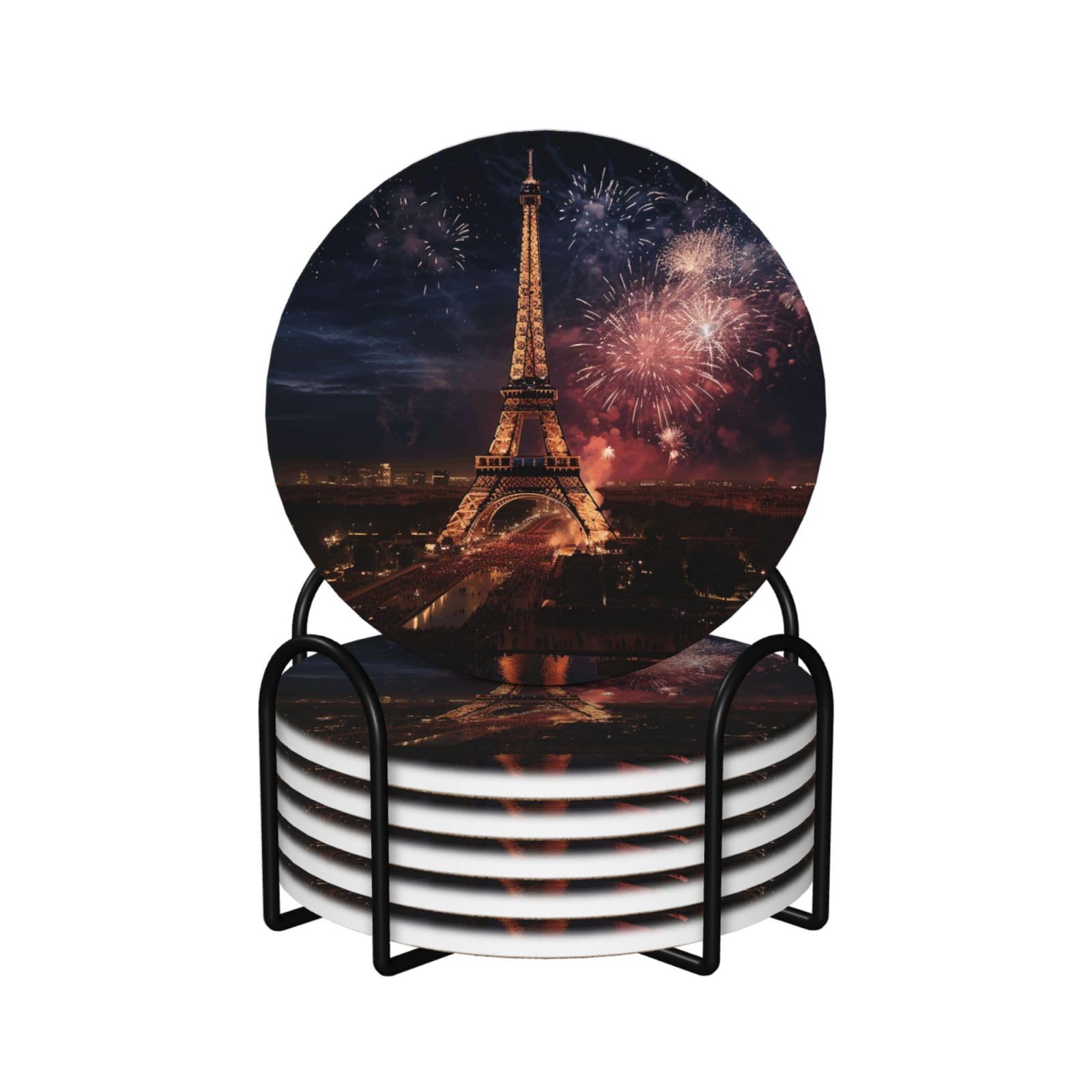 6Pcs Ceramics Coaster for Drinks, Eiffel Tower Fireworks Cup Coasters with Holder, Aesthetic Drink Coasters for Coffee Table, Absorbent Round Coaster for Tabletop Protection 4" Cup Mat Pad