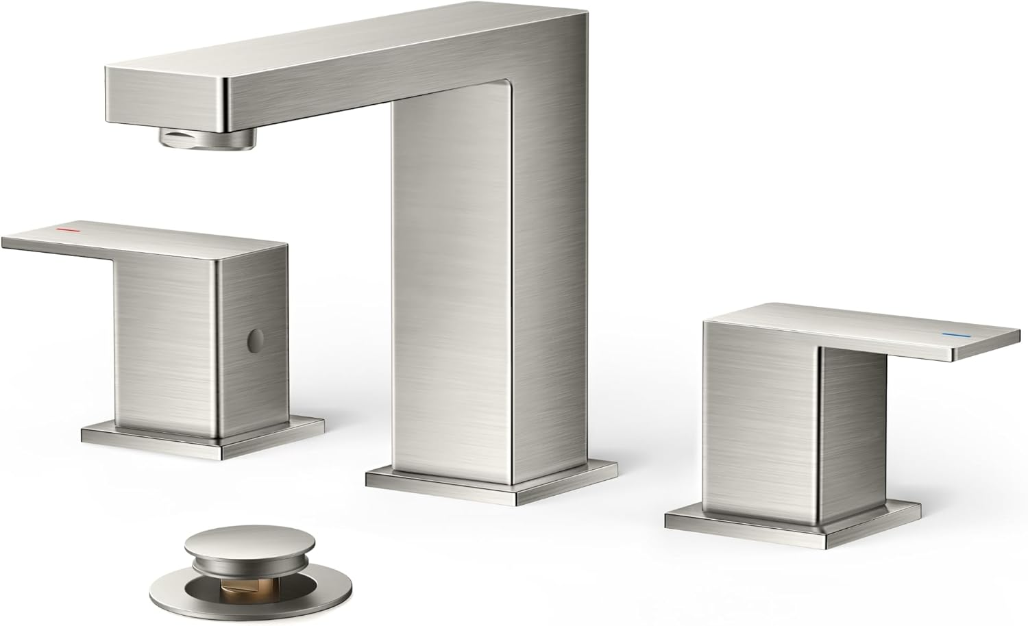 FORIOUS Brushed Nickel Bathroom Faucet 3 Hole with Pop up Drain Assembly, Square Widespread ...