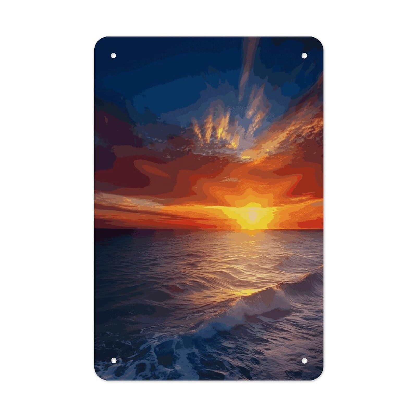 LDGSUPH Sea And Sunset Wall Art Prints Folded Edge Iron Sheet Painting with Holes for Wall Prints Decorative Picture Metal Signboard Decor Painting for Outdoor Indoor Wall Decor