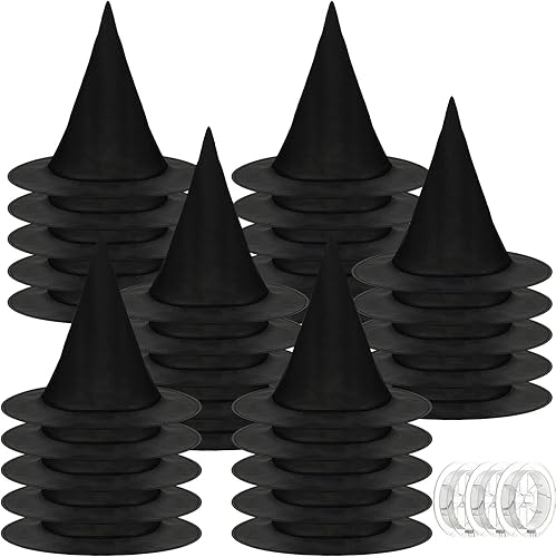 Zubebe 30 sombreros de bruja para decoración de Halloween, sombrero de bruja colgante con 3 piezas de cuerda colgante de 109 yardas para niños y