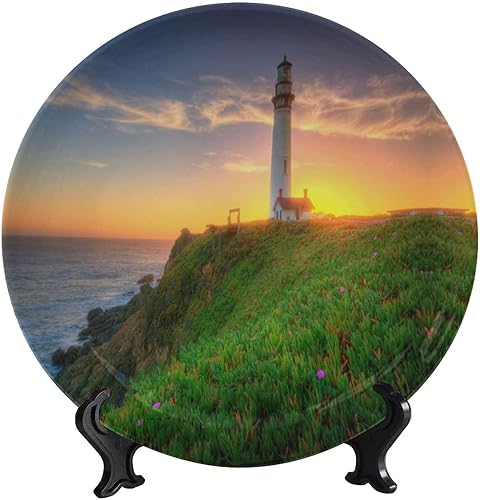 Plato decorativo de cerámica de paisaje costero, plato decorativo con soporte de porcelana, para decoración de pared, decoración de pared, plato de