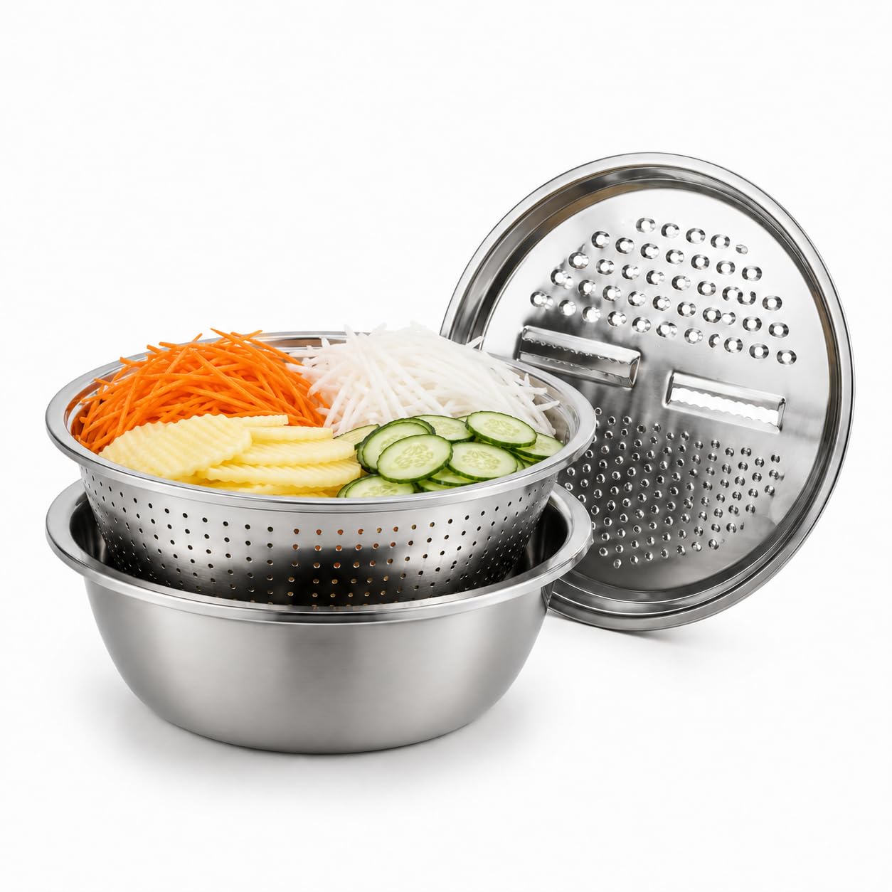 3-in-1 Stainless Steel Grater Bowl & Colander Set，28 cm | 4 Grating Zones Handle Coarse And Fine Shredding, Thin Slicing And Crinkle Cuts While Ingredients Collect Below