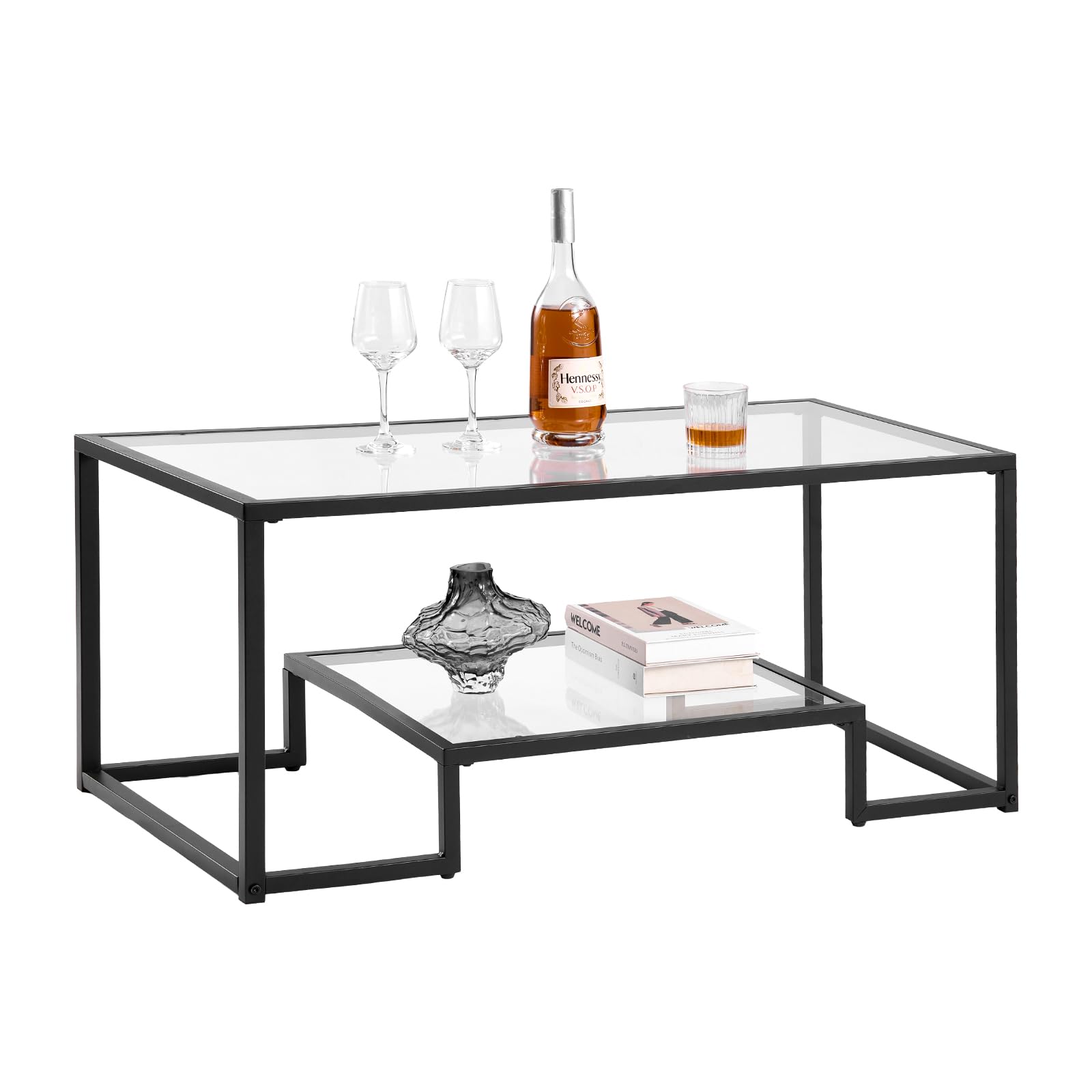 VEVOR Mesa Auxiliar de Cristal Templado, Rectangular, con Dos Niveles y Espacio de Almacenamiento Abierto, Diseño Moderno con Estructura Metálica, para Salón u Oficina, 100 x 51 x 46 cm, Negro