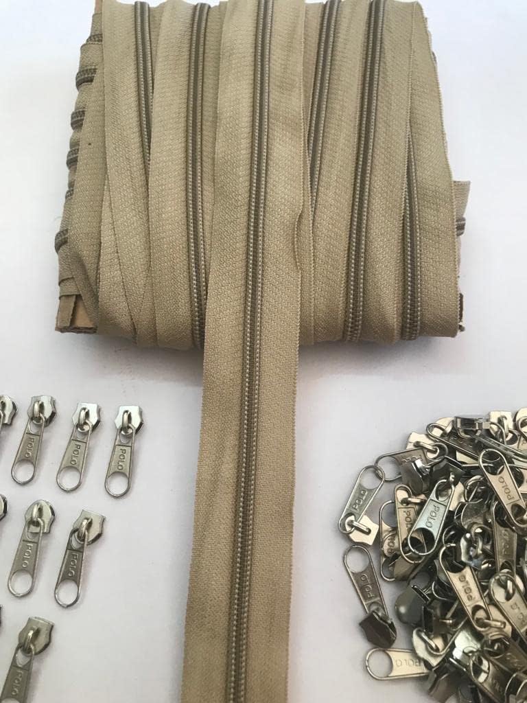 Bhavya Enterprise 5 Meters Open Zipper with 10 Steel Zip Puller in Meter for Tailoring, Stitching, Bags and Purse (Open Ended Zips) - (5 Meter Roll + 10 Steel Zips Runner) (Beige)