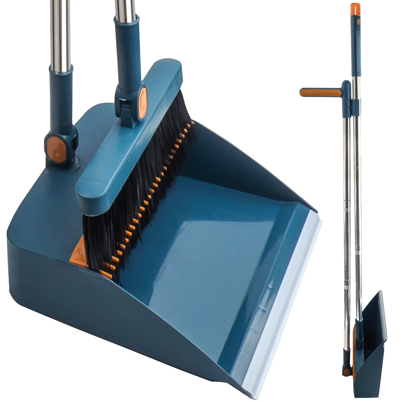 FKKFSS Long Handle Dustpan and Brush, Windproof Vertical Extension Pole, Swivelling Broom Set, Blue