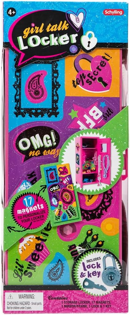 Schylling Girls Talk Pink Mini Locker - 11.25" Decorative Metal Storage Locker with 17 Mix-and-Match Magnets, Lock, and Keys - Ages 4-12