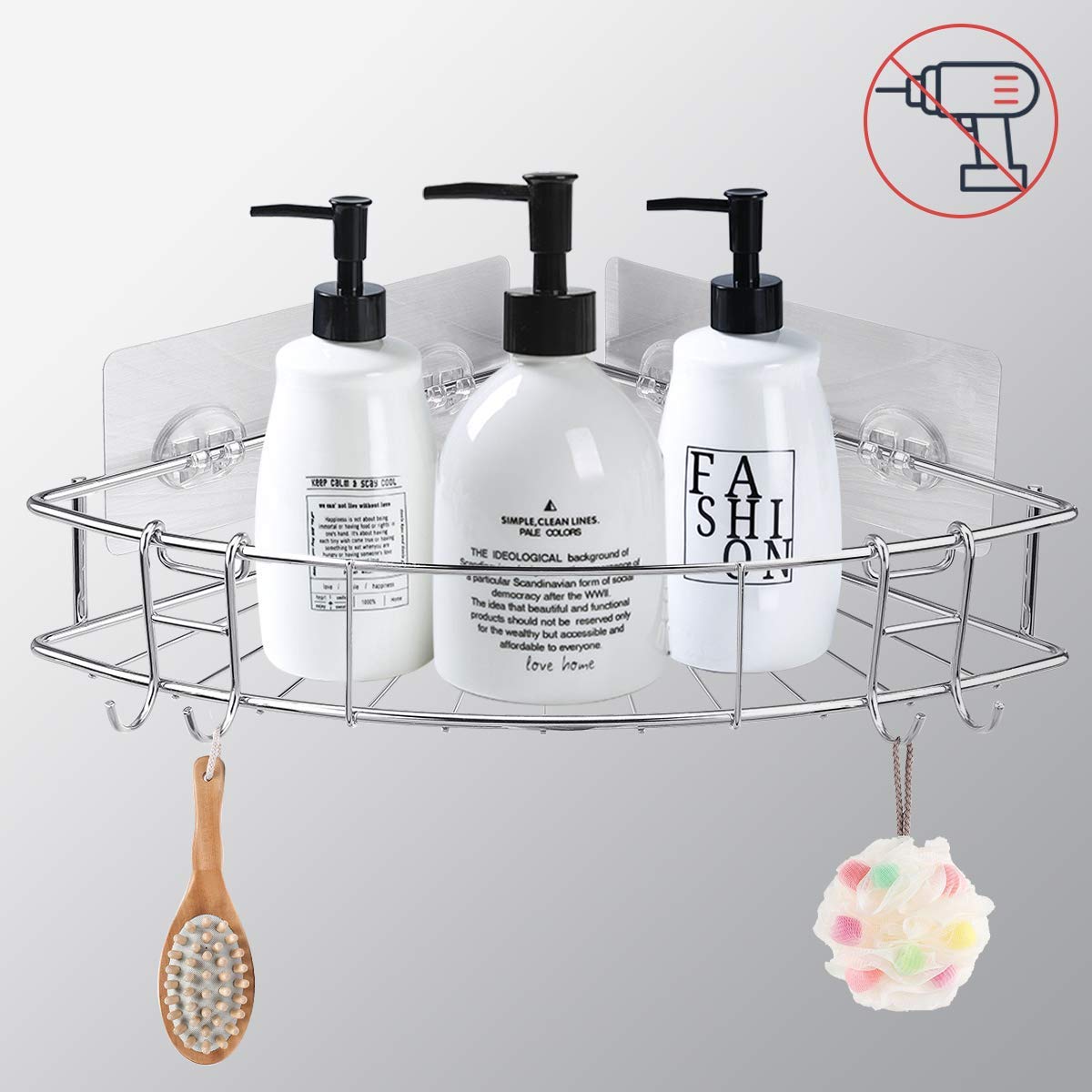 GEMITTO Shower Caddy, Self-adhesive Corner Shelf Shower Organizer Rack SUS304 Stainless Steel with 3 Stickers+2 Hooks, No Drilling for Shampoo Conditioner Kitchen Spice Storage Silver