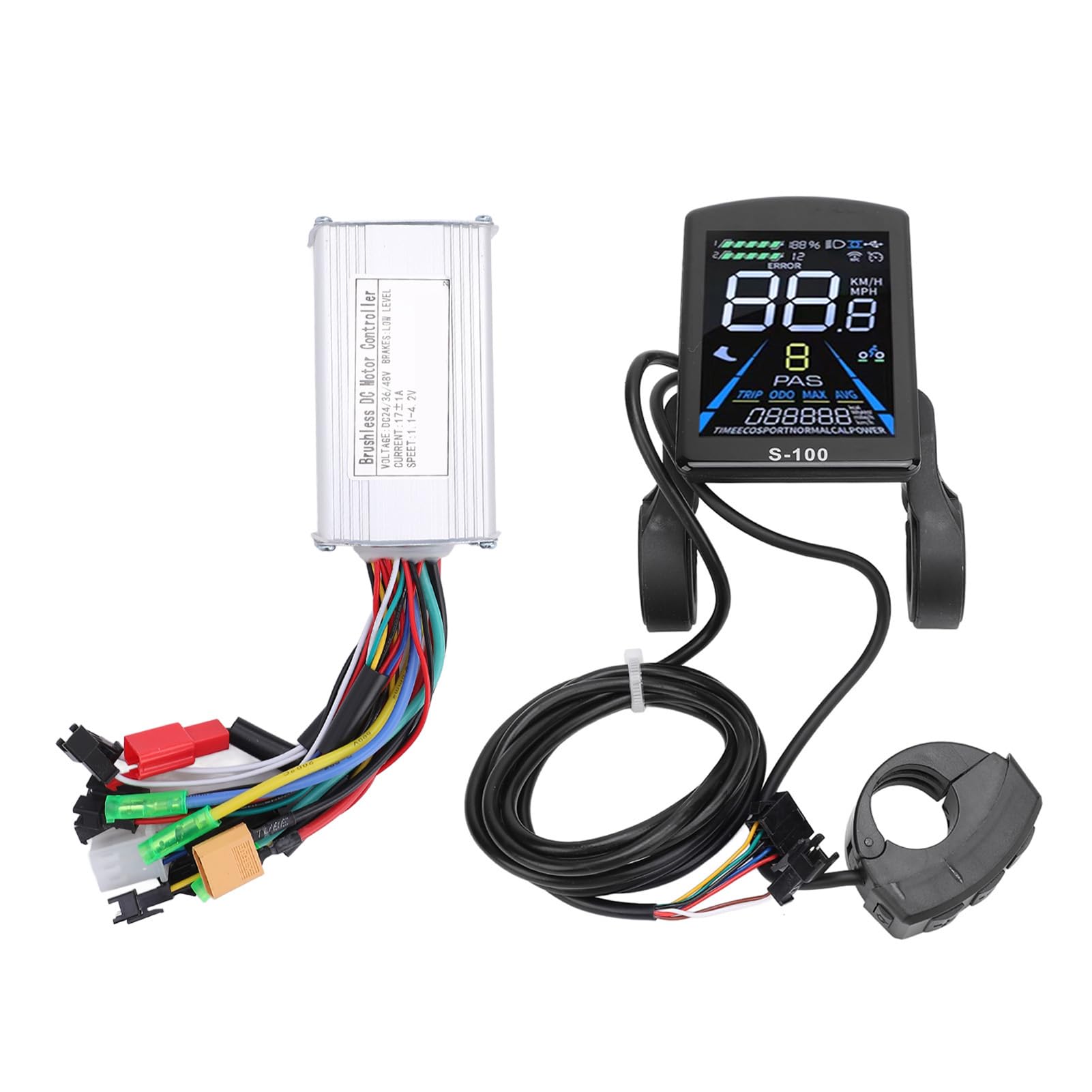 BuyWeek Kit Controller Brushless Bici Elettrica, 36V 48V 250W 350W 17A Controller Onda Sinusoidale 3 modalità con Display LCD a Colori S-100