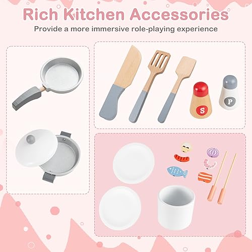 Miniatura 5 de HONEY JOY Juego de cocina para niños, cocina de madera 3 en 1 para niños pequeños, refrigerador y parrilla de barbacoa, campana extractora, estante