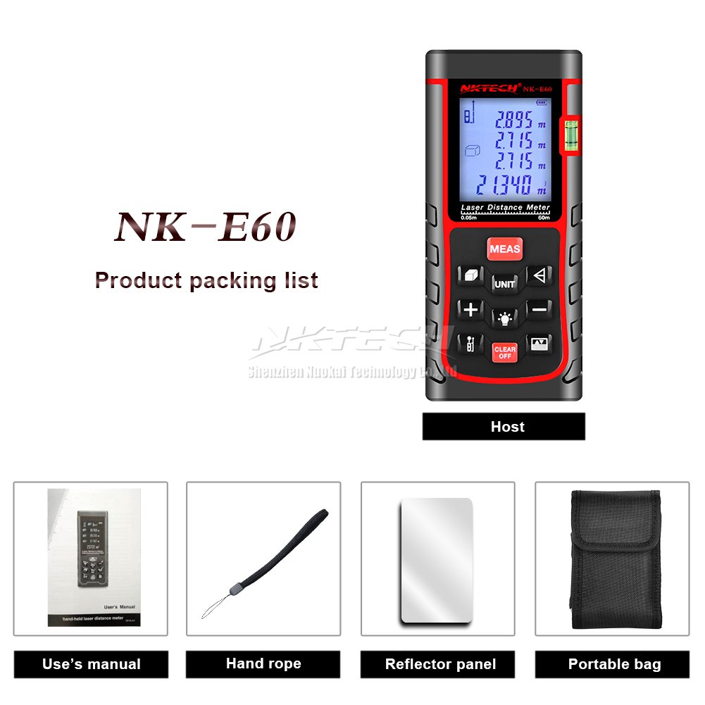 Laser Distance Meter Telemetro Laser 40 m 60 80 100 120 150 m Range Finder Strumenti m/in/ft Lunghezza nastro Area Volume Angolo di Misura 100 Data Air Bubble Level (NK-E60 120 ft)