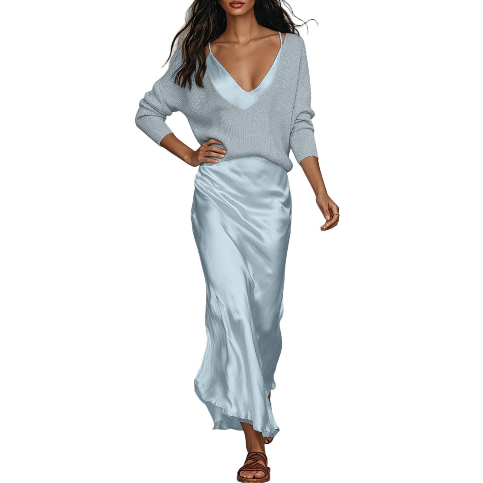 Generico Elegante Completo Due Pezzi in Maglia Top Unito e Abito in Raso per Donna Outfit Primaverile Estivo Autunnale da Tempo Libero appuntamento Festa
