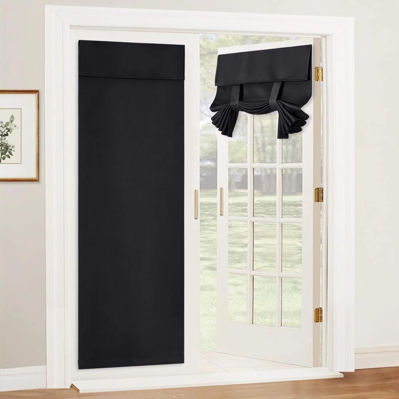 1 Pezzo Tende Oscuranti Termiche per Porta D'ingresso, 173 × 66 cm Fissaggio con Velcro, Tende per Porta Francese, Tende Romane Opache con Lacci per Porte a Vetri (Nero)