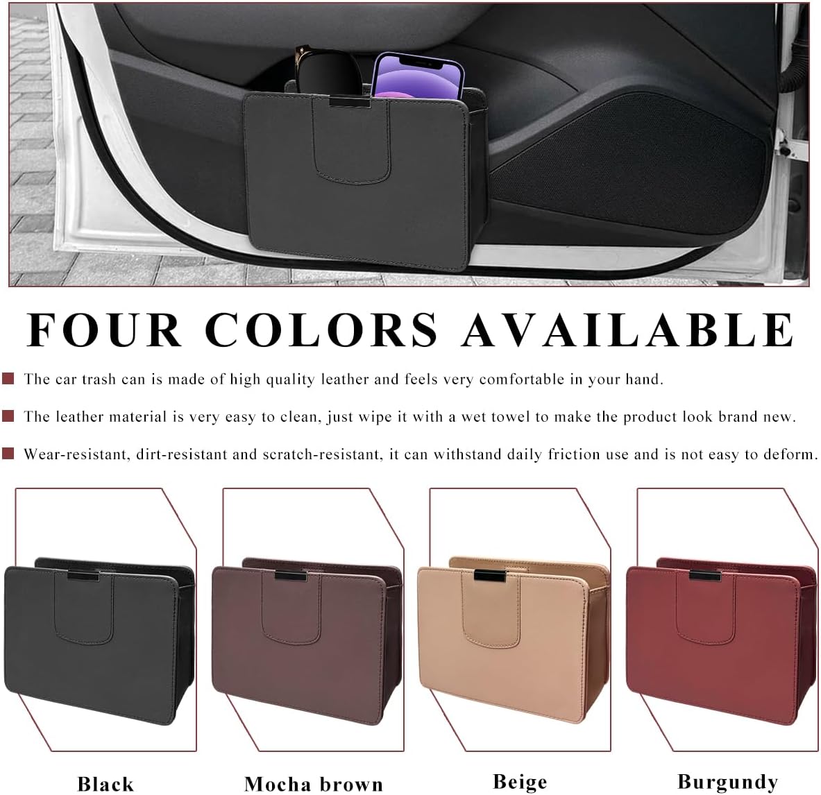 Car Trash Can, Magnetic Leather Auto Garbage Bin with One Roll Trash Bag, Mini Foldable Storage Bag Waterproof Interior Hanging Dustbin for SUV Truck RV, Car Accessories (Black)