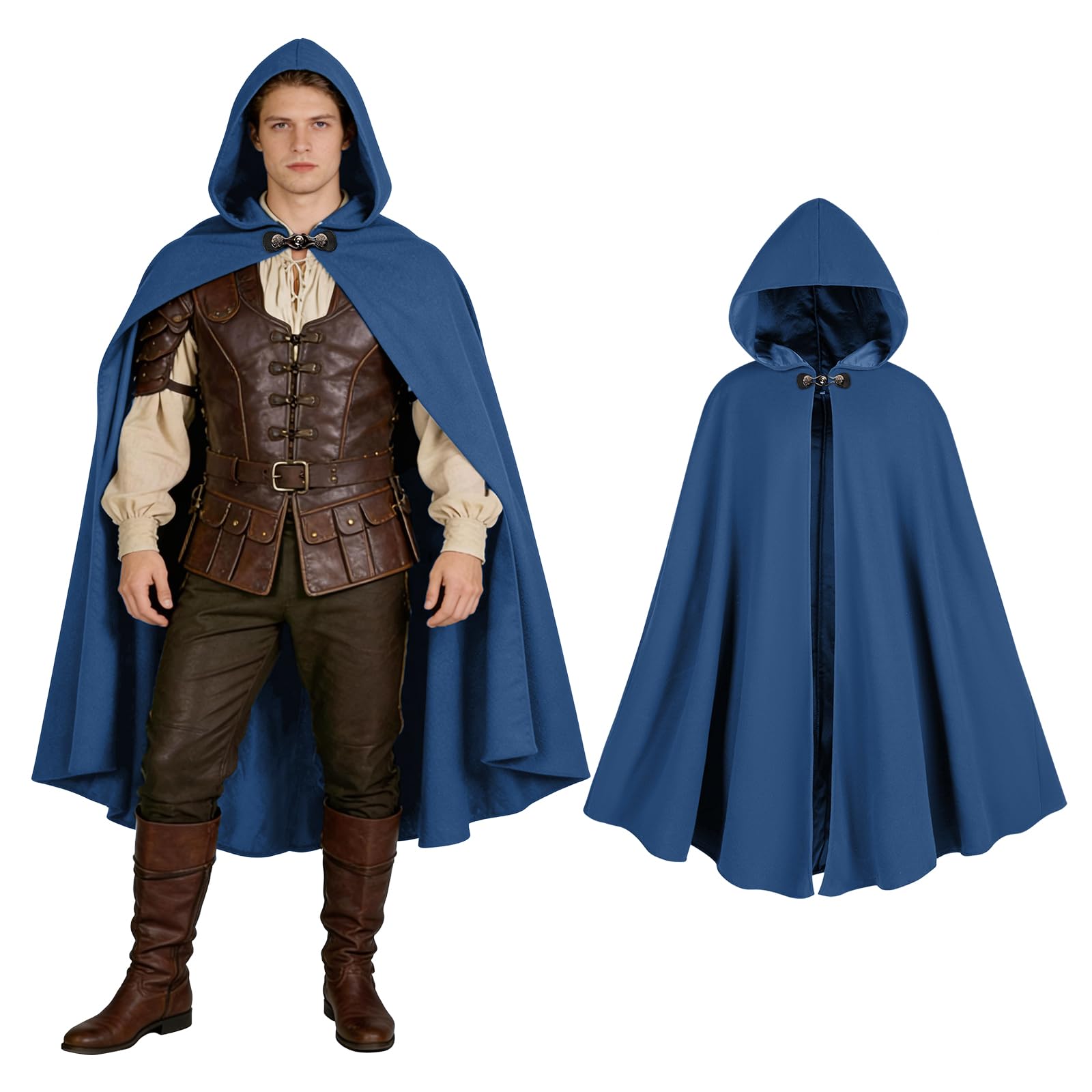 QEKFDOV Renaissance Hooded Cape,Witch Hooded Cape,Medieval Cloak with Hood for Men Women,Halloween Cosplay Costume (Blue)