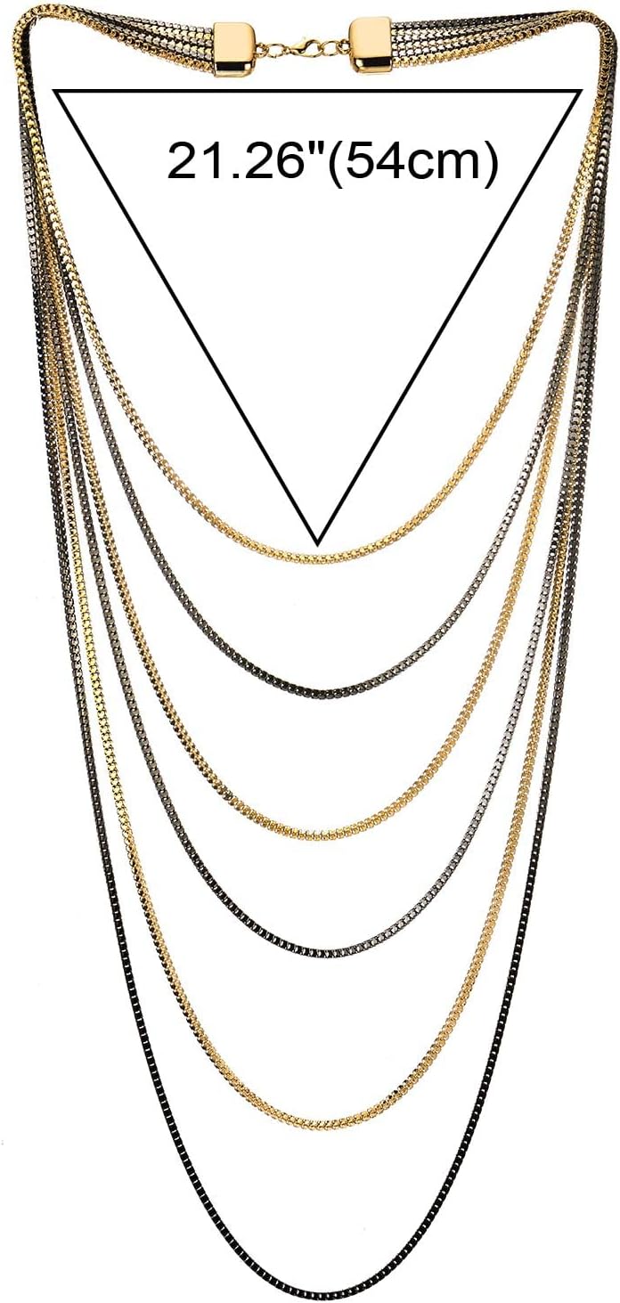 COOLSTEELANDBEYOND Black Gold Statement Choker Collar Necklace Waterfall Multi-Strand Box Chains Pendant, Dress - Image 3