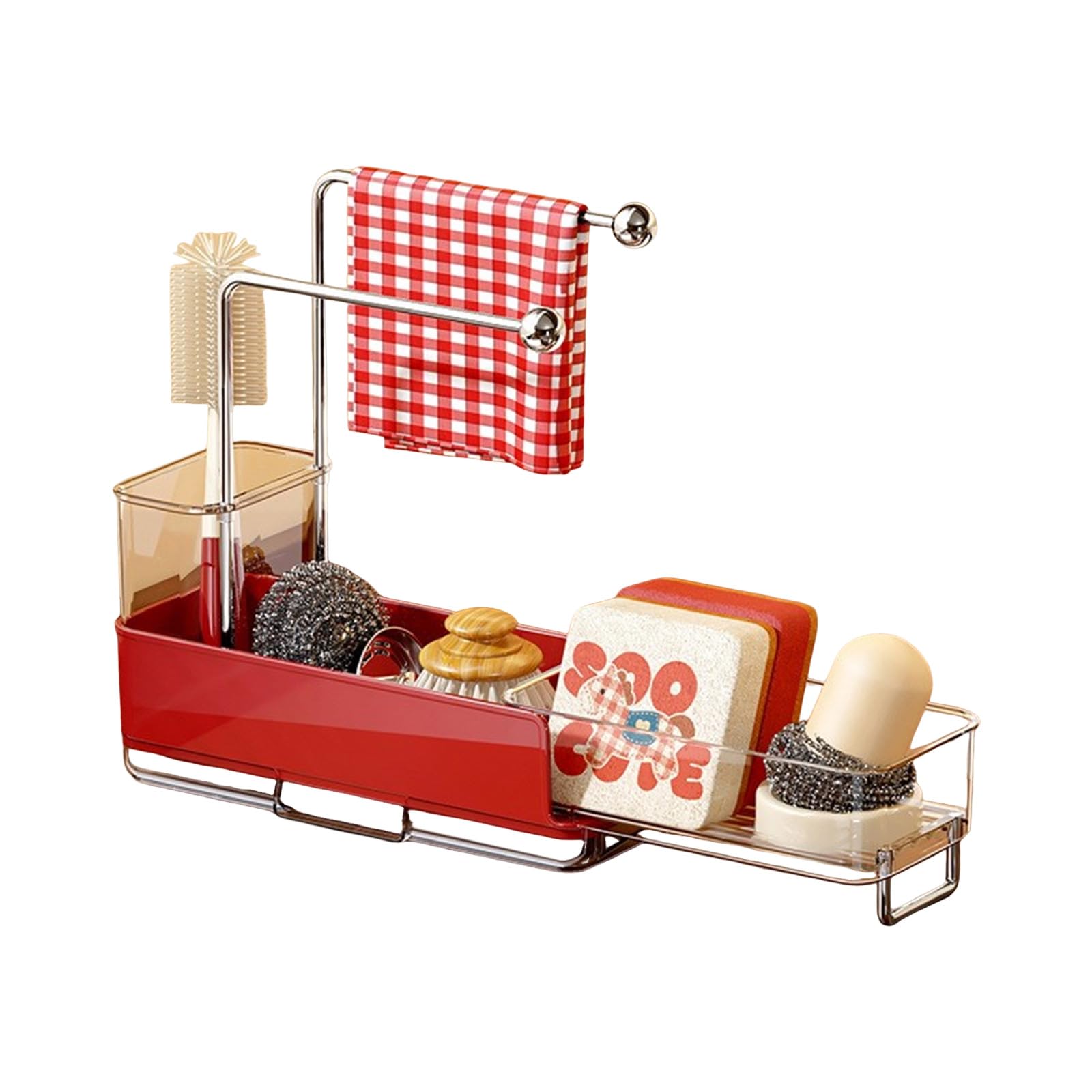 Nucelit Kitchen Sink Organizer for Sponge Soap and Dishes Brush with Drain Tray Sponge Holder with Detachable Towel Rack Sink Cart Planner