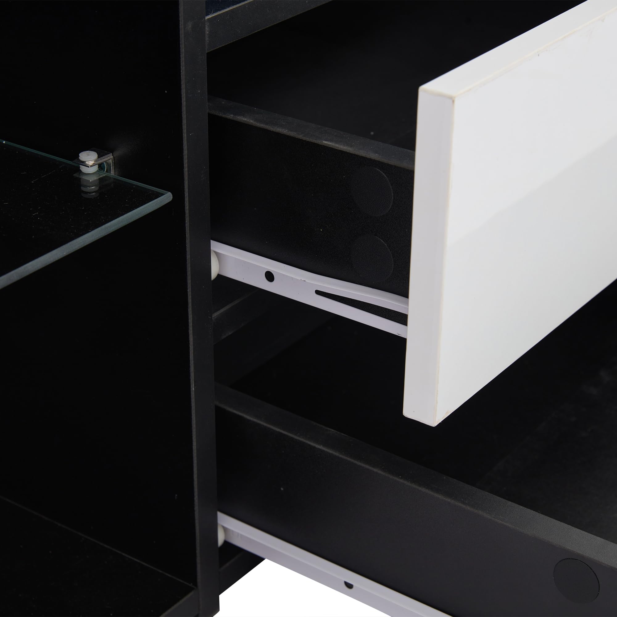 Meuble TV Brillant 2 tiroirs 2 Portes Étagères Ouvertes Lowboard pour téléviseur Jusqu’à 75 Pouces avec Bande Lumineuse LED Bas pour Salon Table de Meubles TV Noir
