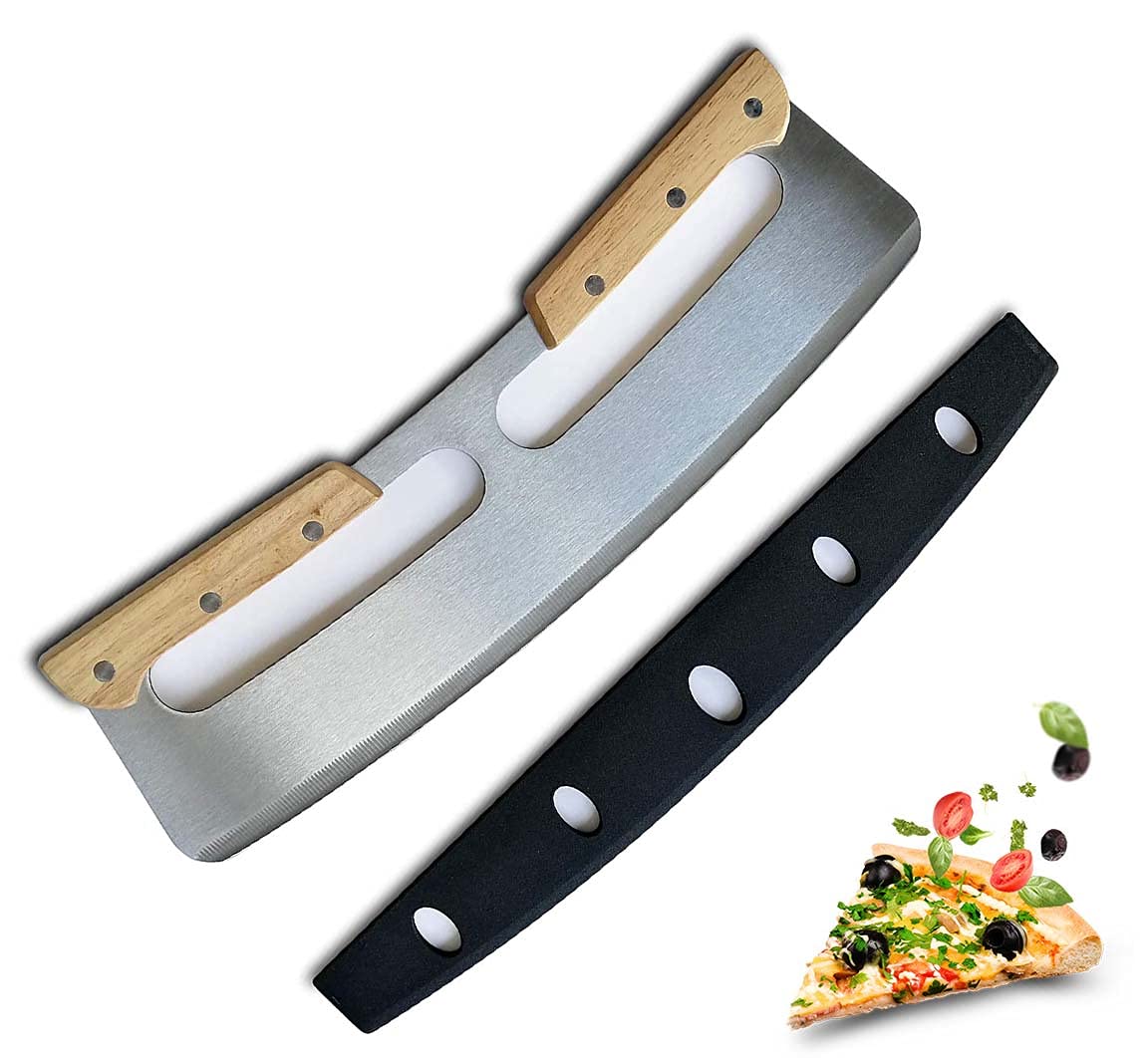 ELECDON Pizza Cutter with Protective Cover Stainless Steel Rocker Knife with Wooden Handle Plastic Cover Easy Storage for Baking & Homemade Pizza Bread Fruit VegetableSalad Chopper, Large (14 Inch)