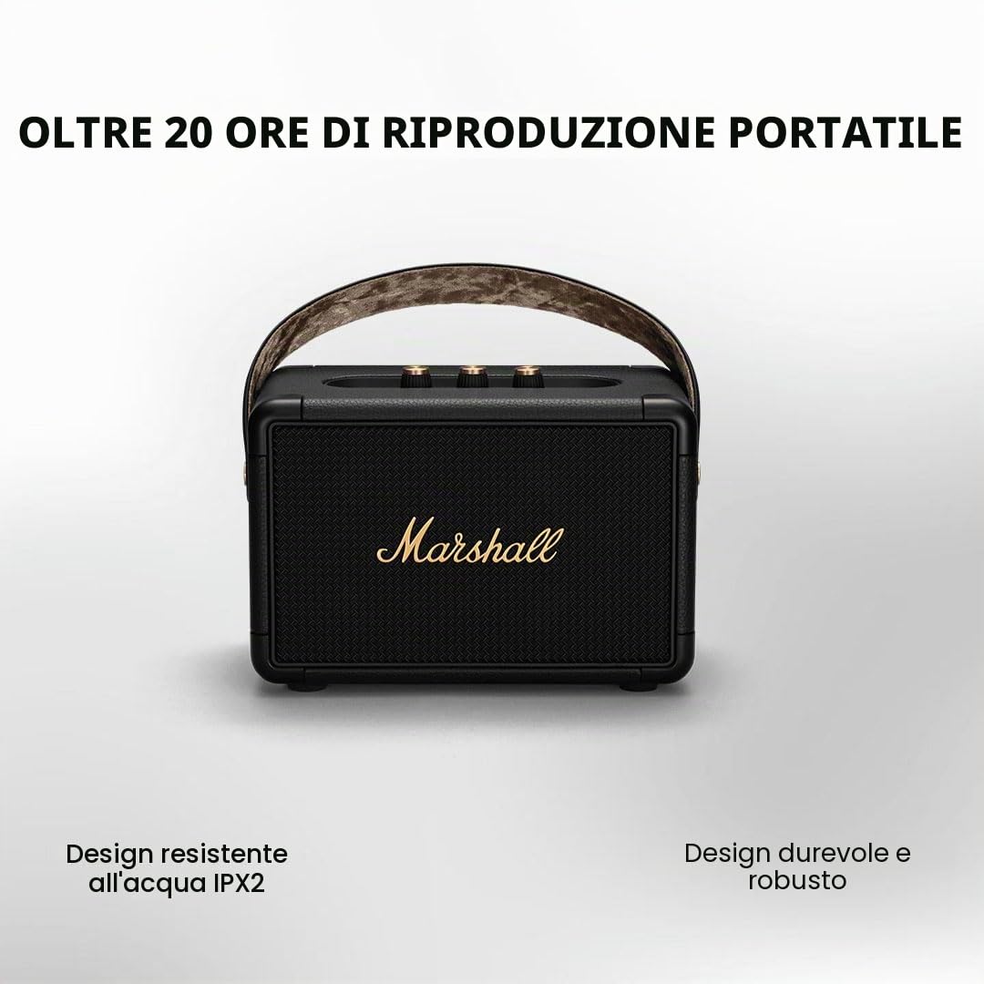 Marshall Kilburn II Bluetooth Altoparlante Portatile, Senza fili Casse, Impermeabilità IPX2, 20 ore riproduzione, Nero e ottone
