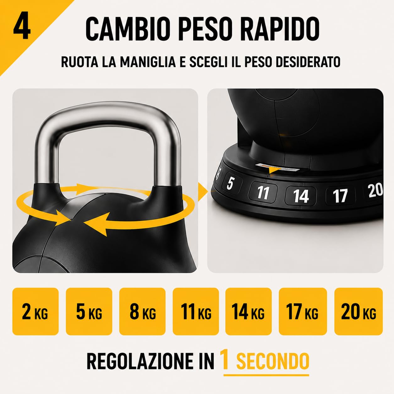 Kettlebell Regolabile 20 kg, 7 Pesi in 1 da 2 a 20 kg, Manubrio Regolabile per Home Gym, Cross Training, Functional Training, Fitness, Body Building e Allenamento della Forza