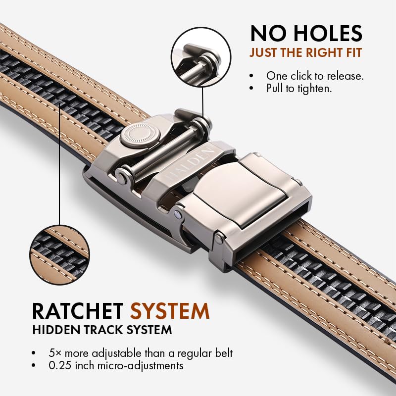 Image of HALDEN THEO Belt For Men Leather Original (Adjustable Fits Up to 44 Inch Waist) Ratchet Straps, Unique Magnetic Auto-lock Buckle Adjustable Belt For Men