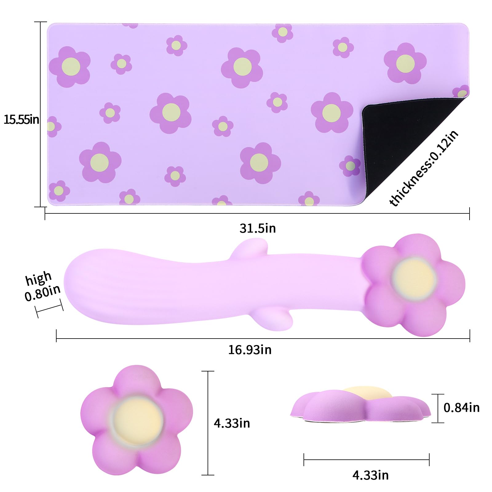 Tappetino per mouse 3 in 1 con motivo floreale e poggiapolsi per tastiera, grande tappetino per mouse da gioco per scrivania, imbottitura ergonomica in memory foam, sollievo dal dolore (viola)