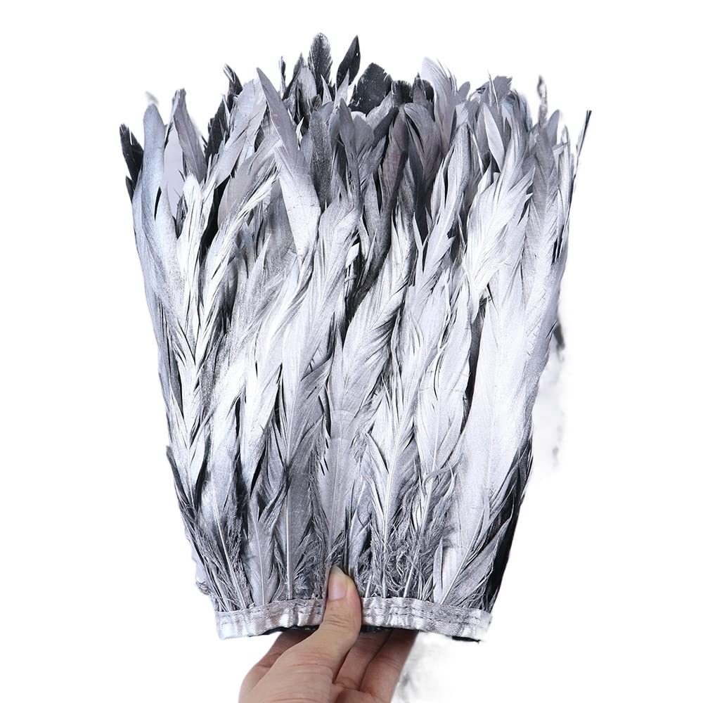 Frange de plumes de coq argent 1m pour finitions haute couture et jupes de créateur