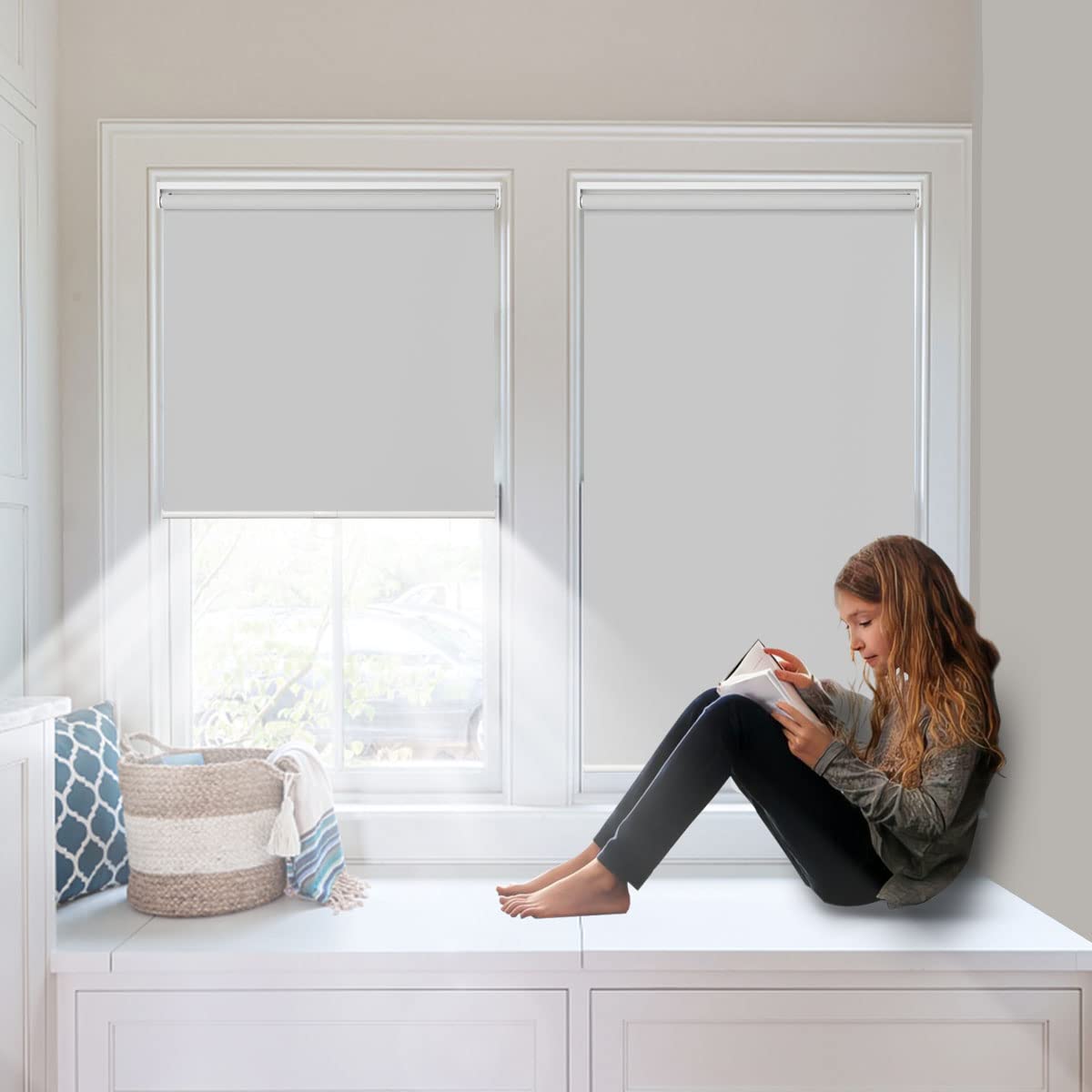 Cordless Roller Blinds for Windows- Fabric Total Blackout Shades for Light Blocking, Heat Insulating, Easy Lift Bottom Up Blinds with Custom Mini and Large Size, Size 49 ½