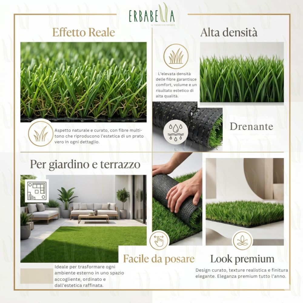 Prato Sintetico Drenante 25 mm Effetto Realistico, Erba Finta in Rotolo per Giardino, Terrazzo e Balconi, PE Verde Naturale UV, Zero Manutenzione e Pet Friendly (2 x 25 m (50 m²))