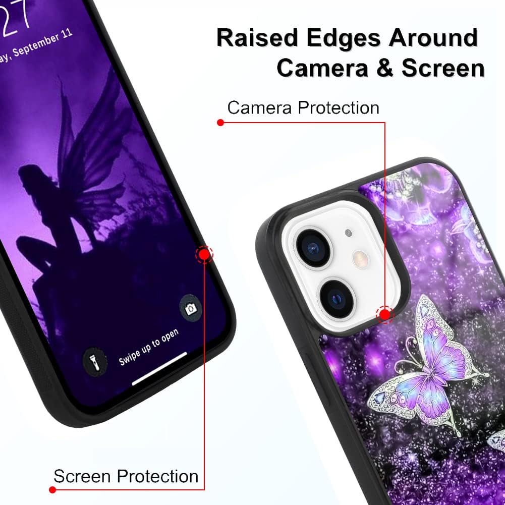 OOK Designs for iPhone 12/12 Pro Case Glitter Purple Butterfly Nebula Space Design Hard PC+Soft TPU Bumper Anti-Slip Ultra Thin Cover Protective Shockproof Case for iPhone 12/12 Pro