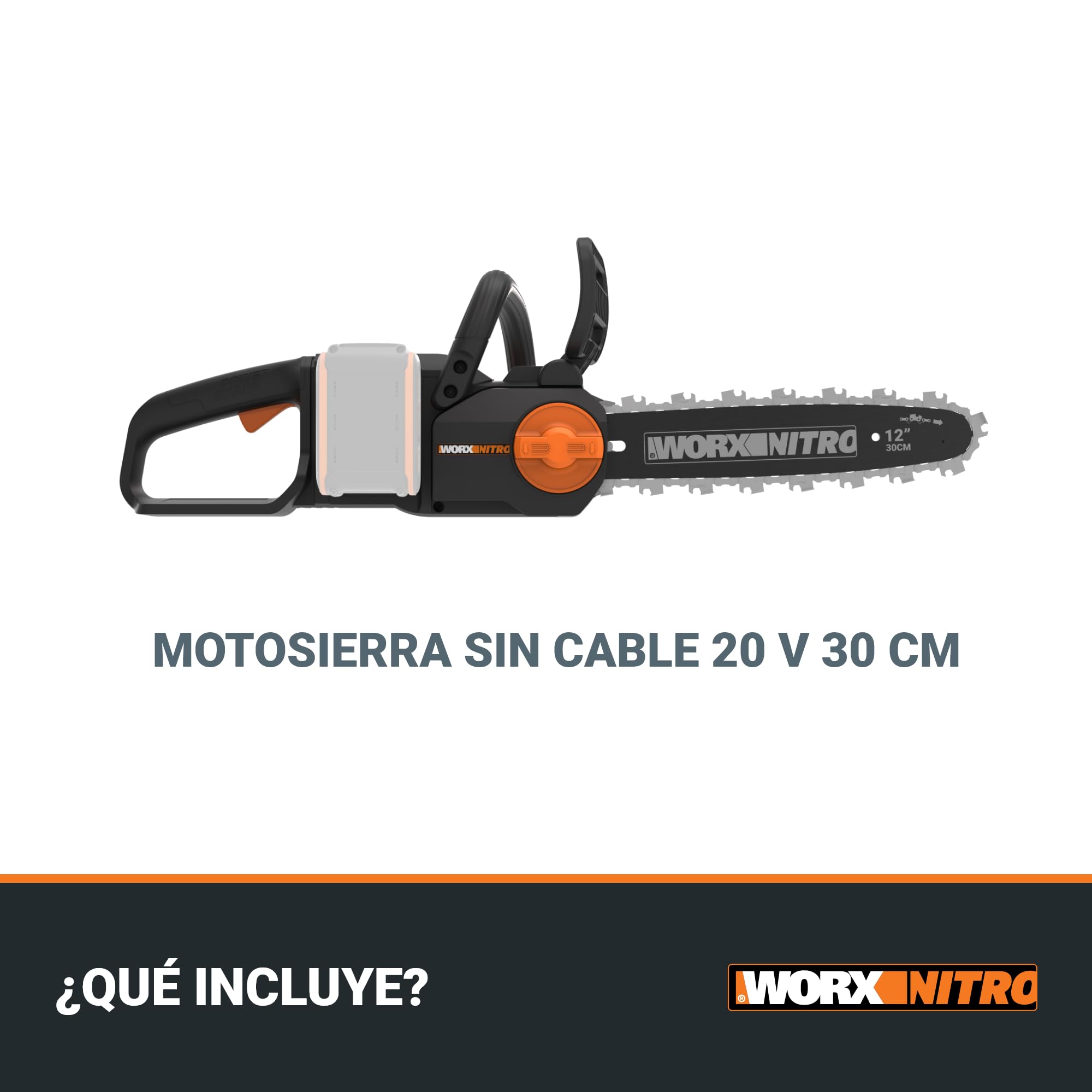 WORX WG350E.9 Nitro - Motosierra profesional con batería de 20 V, potente sierra para madera, 10 m/s, longitud de corte de 30 cm, compacta y segura, lubricación automática, tensión de cadena simple,