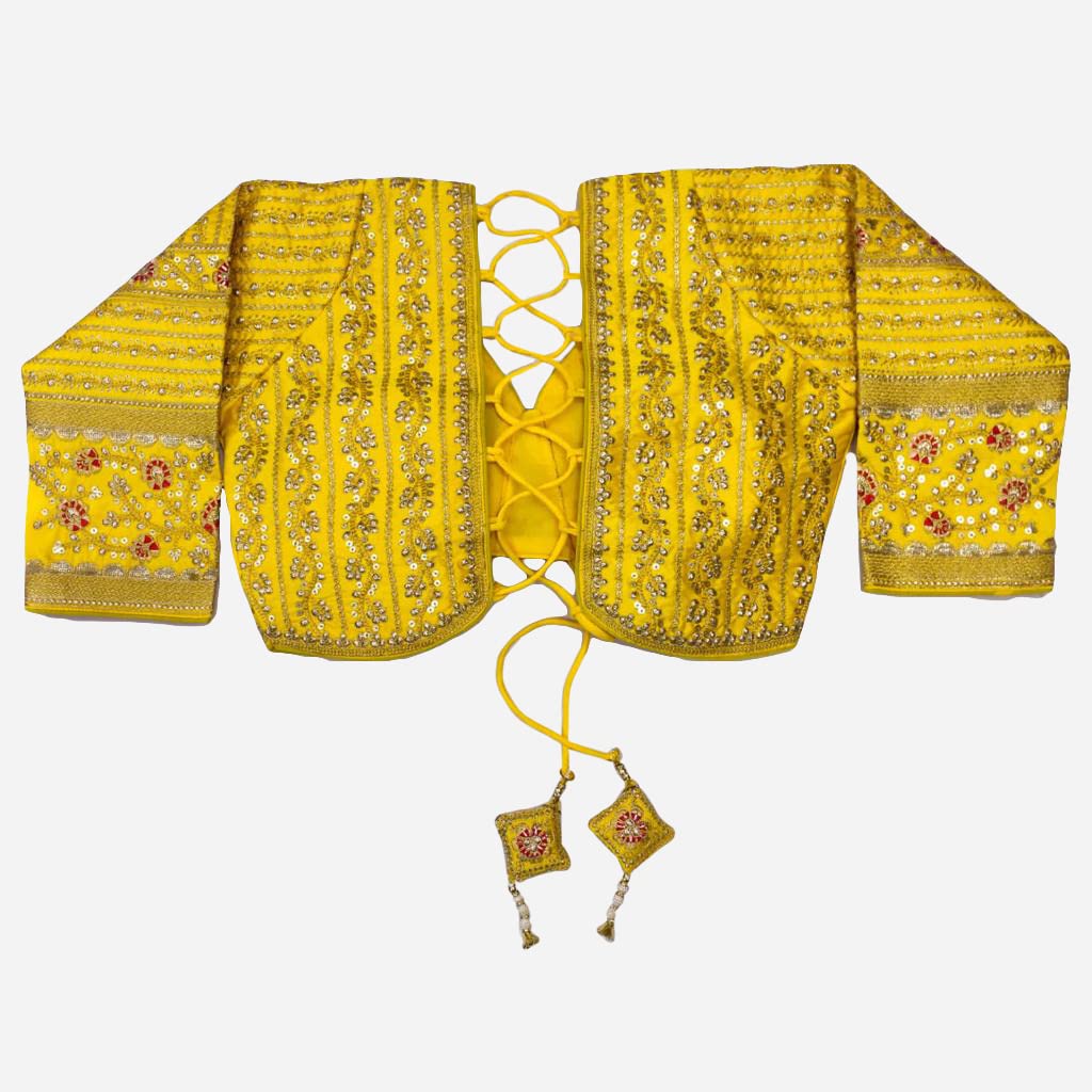 Pujia Mills Women's Heavy Embroidery Coding With Sequins Work 3/4Th Sleeves Fancy Readymade Saree Blouse(Missy Yellow_38)