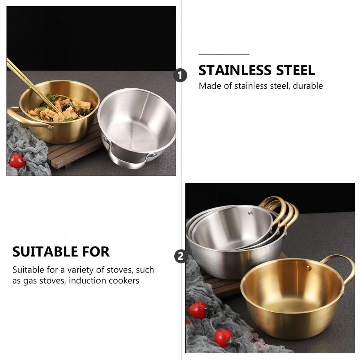 Pentola Piccola in Acciaio con Manico Pentola per Ramen Versatile per Cucina Bollire Latte Zuppa Cottura su Gas e Induzione Design Stabile e Colore Oro