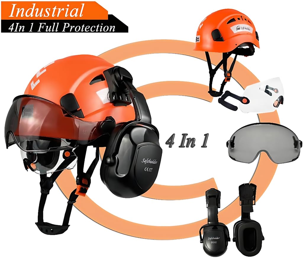 Casco di sicurezza industriale con visiera, paraorecchie, elmetto rigido con visiera ventilata, omologato OSHA, per lavori di costruzione, protezione della testa certificata ANSI/ISEA Z89.1