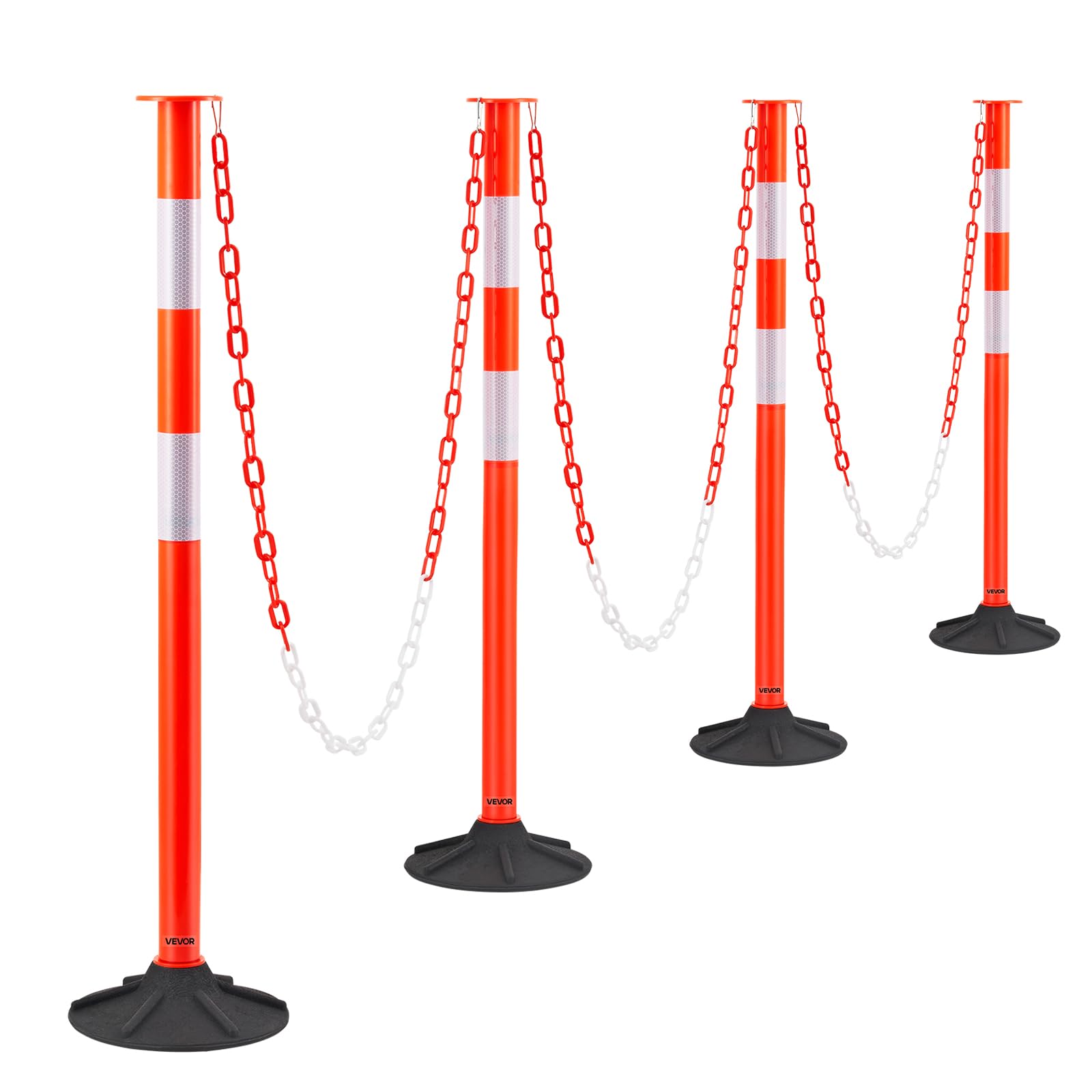 VEVOR 4 Pack Traffic Delineator Posts, 34 in Traffic Safety Cones with Weighted Base, Reflective Strips and Chain, Heavy Duty Delineator Posts for