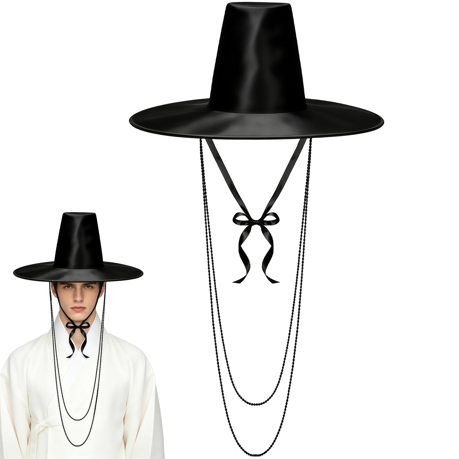 Miaija Korean Gat Hat, Black Mesh Joseon Dynasty Traditional Hat with Chains & Ribbon, Oriental Drama Opera Headdress, Cosplay Costume Accessory for Stage Props & Celebrations
