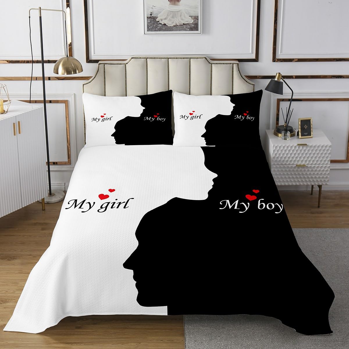 Homemissing Copriletto trapuntato bianco e nero per letto king size, coppia di cuori, copriletto trapuntato per ragazze e donne amanti romantico set copriletto trapuntato per San Valentino decorazione