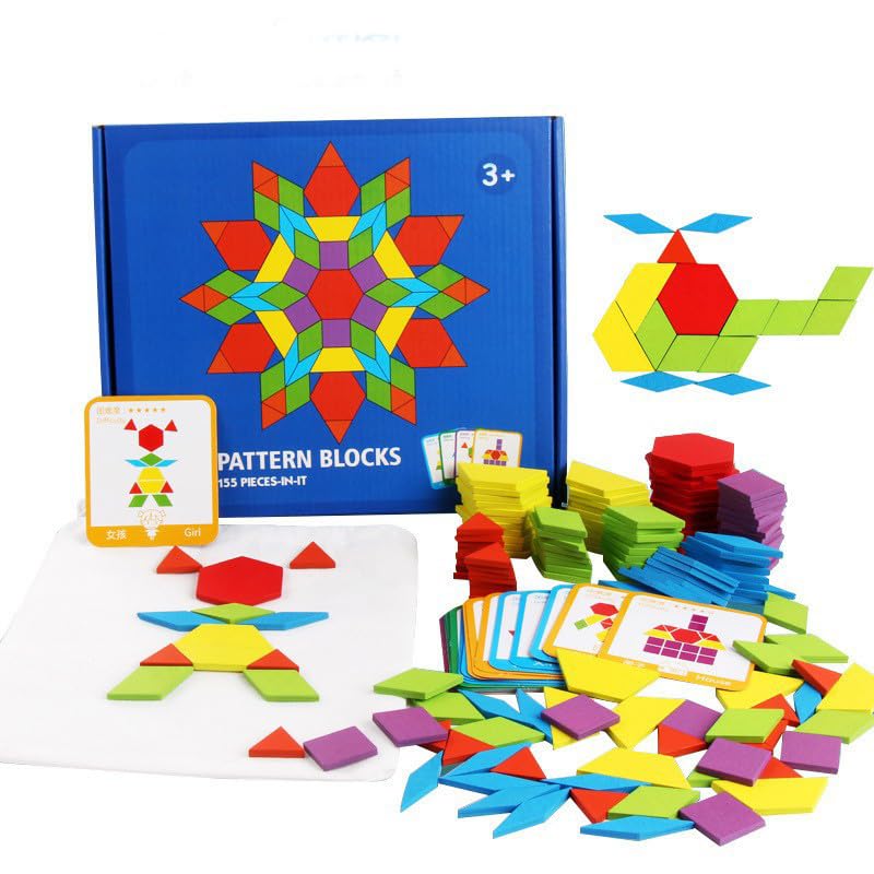 Image of 155 Pcs Wooden Pattern Blocks Christmas Stocking Stuffers Kids Toddlers, Math Games Shapes Blocks Homeschool Supplies with Cards Tangram Puzzles Montessori Educational Learning Toys for Kids Ages 4-8
