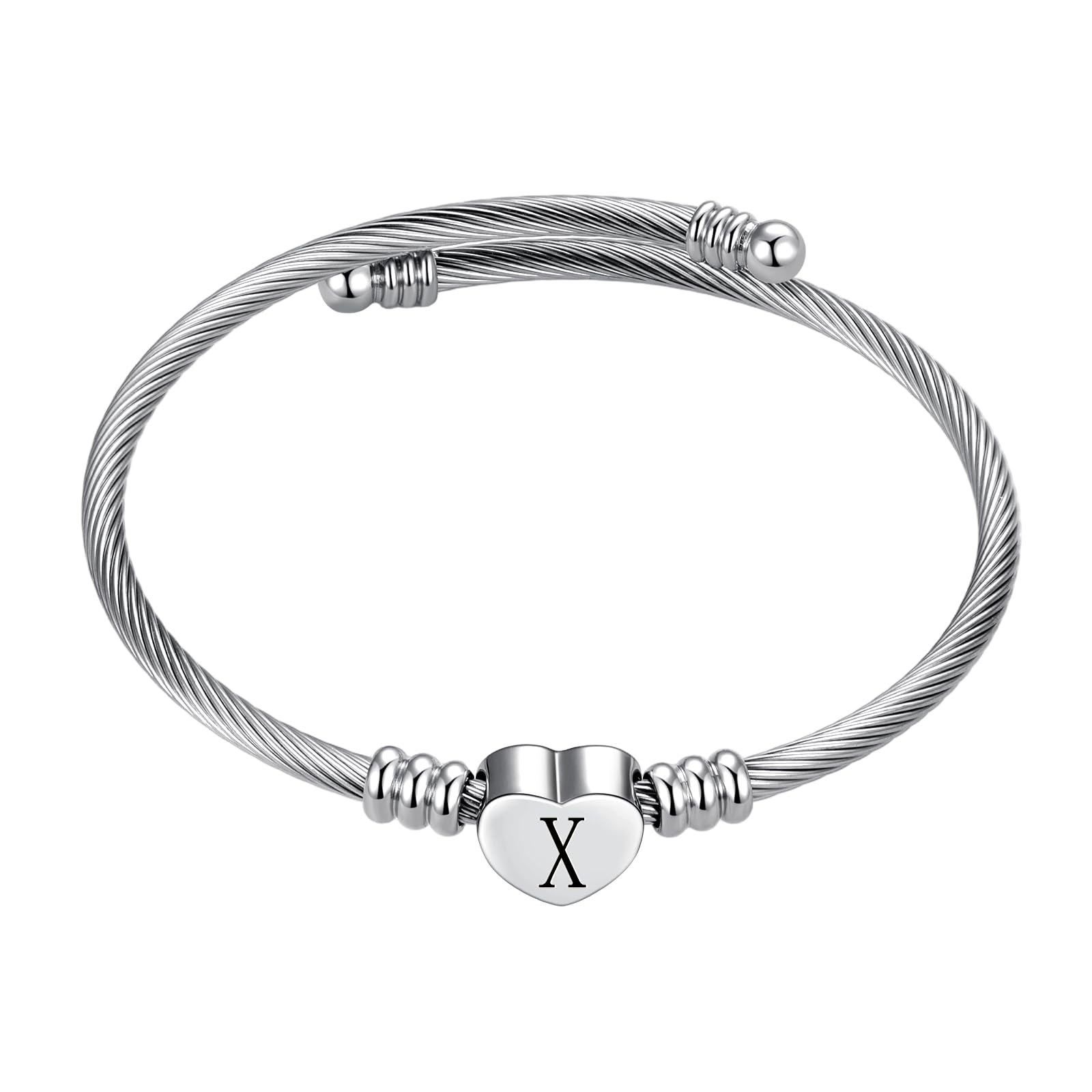 Silver Initial Letter Cuff Bracelet for Women Expandable Stainless Steel Heart Bangle Bracelets for Women Personalized Jewelry